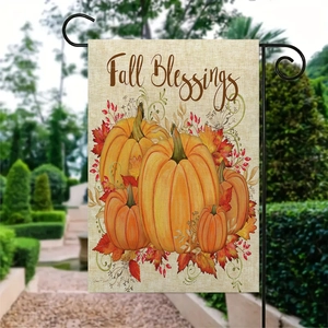 Fall Blessings garden flag with pumpkins and maple leaves on black iron stand