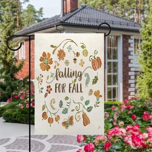Double-sided linen garden flag with falling for fall pumpkin wreath on metal stand