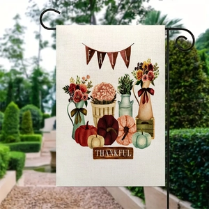 Double-sided linen garden flag featuring pumpkin autumn harvest and thankful wooden sign