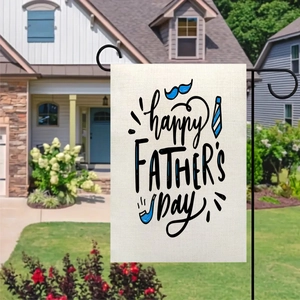 Linen Father's Day garden flag with tie and mustache icon displayed on a black metal stand