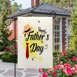 Linen Father's Day garden flag with Happy Father's Day text on a black metal stand