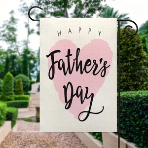 Father's Day garden flag with pink heart and happy greetings on linen with metal stand