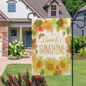 Harvest Sunshine linen garden flag with pumpkins, sunflowers and maple leaves decor