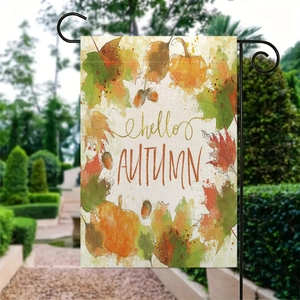 Linen autumn garden flag with watercolor pumpkin design and hello AUTUMN text art