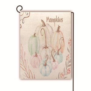 Detailed texture of linen garden flag featuring watercolor pumpkins and Pumpkins text