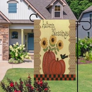 Linen garden flag with Autumn Blessings text, pumpkins and sunflowers for yard decor