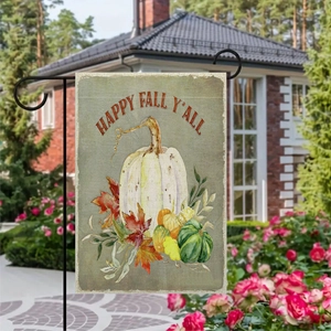 Linen autumn garden flag with white pumpkin and Happy Fall Y'all text on outdoor stand