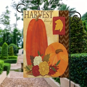 Fall garden flag with pumpkins and flowers featuring Harvest blessings text