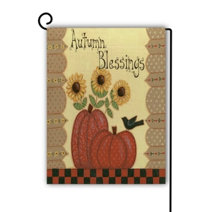 Detail of Autumn Blessings garden flag featuring pumpkins, sunflowers and a black bird