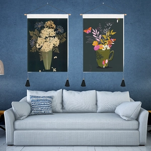 Tapiz Decorativo con Patrón de Flores Bohemias Con Varilla de Madera Paño de Pared Floral Vintage para Decoración Hogar