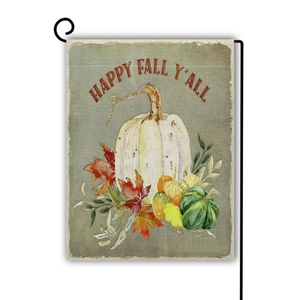 Macro detail of Happy Fall Y'all garden flag with pumpkin graphics and metal stand