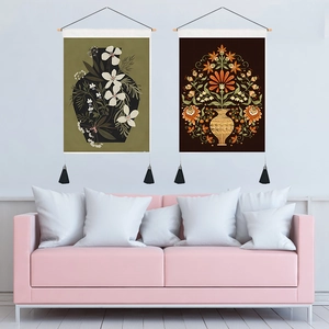 Juego de tapices bohemios con flores, barra de madera y borlas para decoración hogar