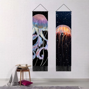Black decorative wall tapestry with glowing jellyfish artwork and fringe details