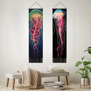 Modern wall tapestries with colorful jellyfish patterns and black tassel decorations