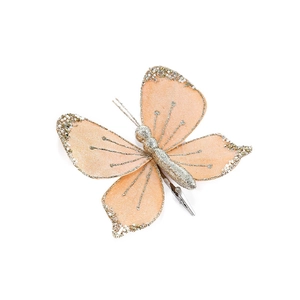 Pink velvet butterfly ornament with silver glitter and metal clip for Christmas tree decor