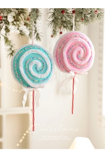 Détails des décorations de Noël sucettes roses et bleues avec paillettes et nœuds blancs