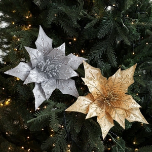 29cm glitter artificial poinsettia flower ornaments in gold and silver for Christmas tree decor