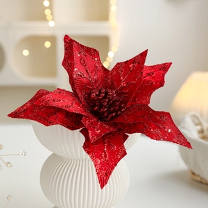 Sparkling 29cm red artificial poinsettia with sequins in a white vase for Christmas decor