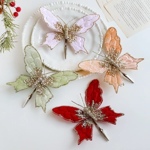 Vierer-Set Samt Schmetterlingsclips mit Perlen und Goldglitzer für Weihnachtsbaum Deko