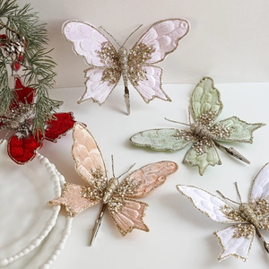Weihnachtliche Samt-Schleifen-Clips mit Goldglitzer und Perlen für den Christbaum