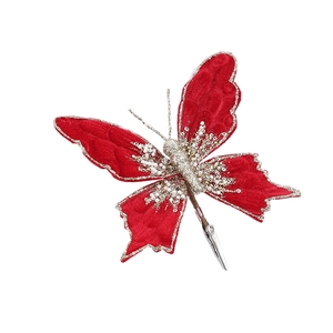 Rote Samtschleife für Weihnachtsbaum mit goldenem Glitzer und Perlenbesatz, Clip-Dekoration