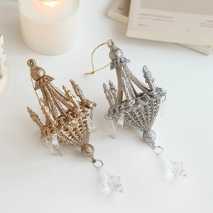 Elegant gold and silver glitter chandelier ornaments with crystal drops for Christmas trees