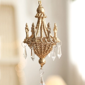 Golden glitter chandelier ornament with clear crystal drops for Christmas tree decor