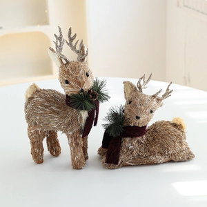 Straw-textured Christmas reindeer figurines set with gold antlers and red scarves