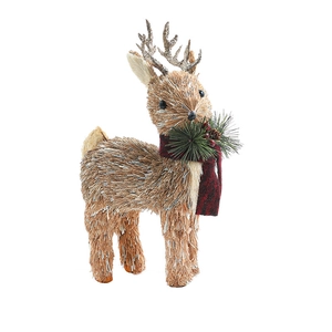 Handcrafted straw elk figurine with glitter antlers and plaid scarf for Christmas decor