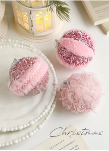 Pink plush Christmas ball ornaments with glitter and pearls for tree decoration