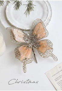 Décoration de Noël papillon doré champagne avec résille, paillettes et pince en métal