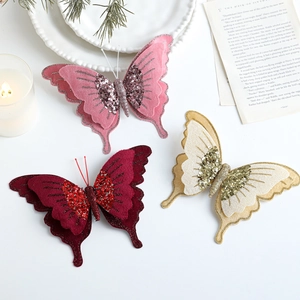 Elegante set di tre clip a farfalla in velluto glitterato per l'albero di Natale