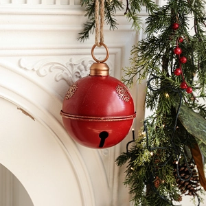 Vintage matte red Christmas bell ornament with gold snowflakes and rustic rope hanger
