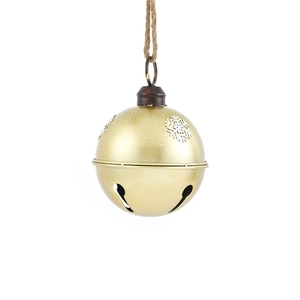 Matte gold Christmas bell ornament with snowflake cutouts and rustic hemp rope hanging