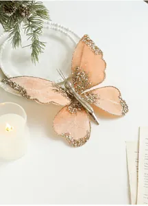 Pink velvet butterfly clip with silver sequins and pearls for Christmas tree decoration