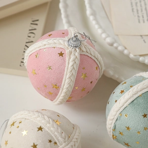 Velvet Christmas ornaments 8cm hanging balls with gold star prints in pink and mint green