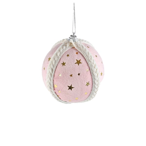Pink Christmas foam ball with gold star patterns and white woven rope trim