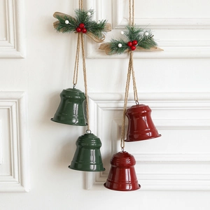 Christmas Hanging Bells Ornament Iron Rustic Jute Rope Pine Needle Berries Holiday Wall Home Tree Decoration