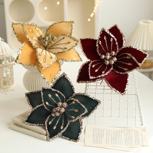 Christmas Artificial Poinsettia Flowers Velvet Glitter Sequins Rhinestone Sparkling Elegant Festive Tree Wreath Garland Decor