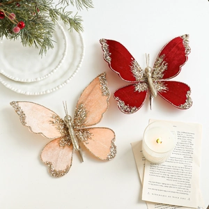 Velvet Butterfly Christmas Tree Ornaments With Glitter Sequins Metal Clip For Festive Holiday Home Party Decoration