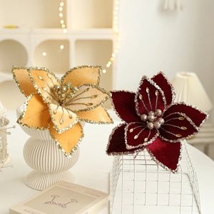 Red and champagne 26cm velvet poinsettia flowers with gold sequins for Christmas decor