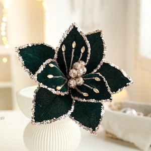 Green velvet Christmas artificial flower with rose gold sequins and decorative beads