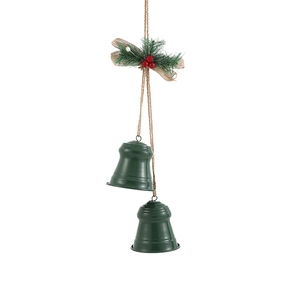 Christmas double green bell ornament with pine needles and red berries on jute rope