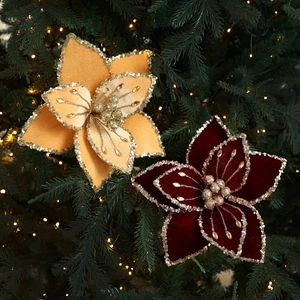 Red and champagne gold 26cm fabric Christmas flowers with sequins and pearls on tree