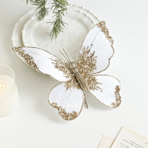 Sparkling white and gold fabric butterfly ornament for luxury Christmas tree decoration