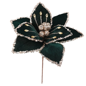 26cm green velvet artificial Christmas flower with gold sequins for tree decoration