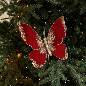 Red velvet Christmas bow ornament with gold sequins and clips for holiday tree decor