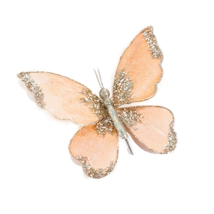 Sparkling apricot butterfly ornament with silver glitter for Christmas tree decoration