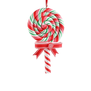 Christmas lollipop hanging ornament with red white and green spiral patterns and bow