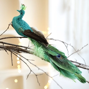 Blue peacock bird ornament with colorful feathers and clip for Christmas tree decoration